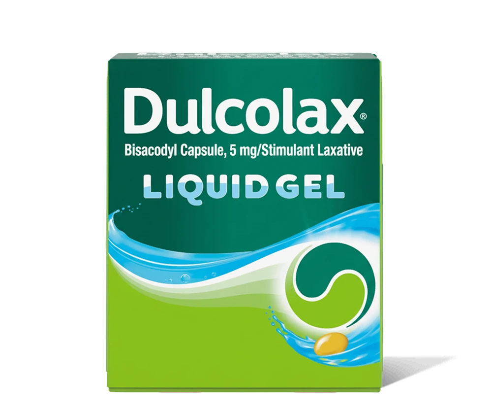 Dulcolax Liquid Gel Laxative box, Bisacodyl 5 mg, promotes natural gut rhythm.
